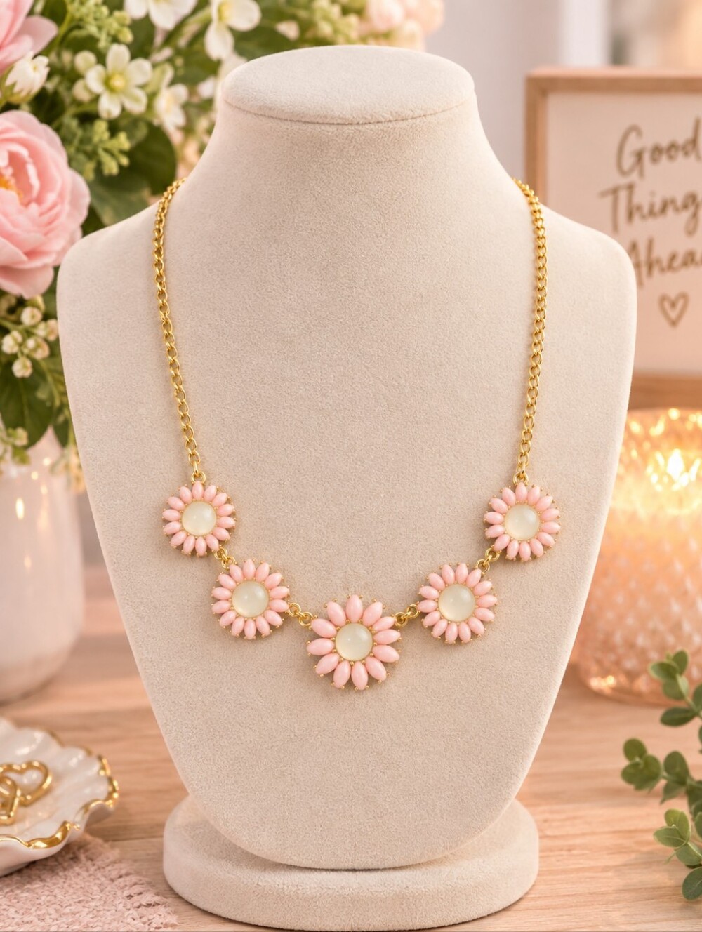 Pink Flower Necklace On A Gold Color Chain. In EUC